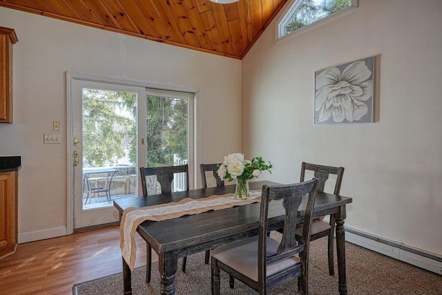 dining space with lofted ceiling, wood ceiling, a baseboard radiator, and a wealth of natural light