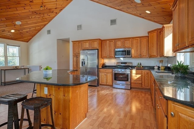 kitchen with a breakfast bar area, stainless steel appliances, wooden ceiling, and a kitchen island