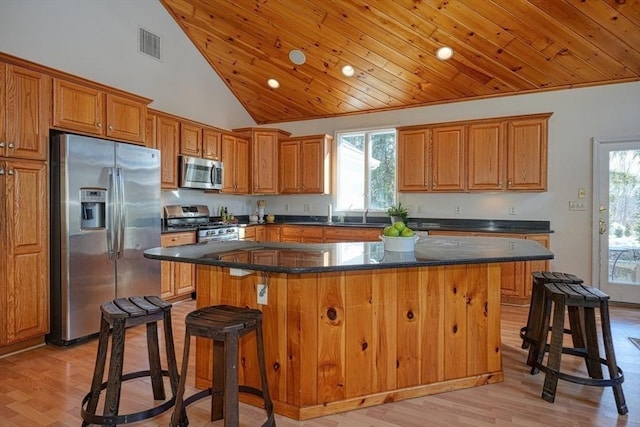 kitchen with stainless steel appliances, a kitchen breakfast bar, a center island, and wooden ceiling