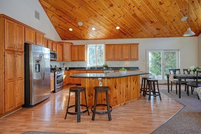 kitchen featuring stainless steel appliances, a kitchen breakfast bar, a kitchen island, and wooden ceiling