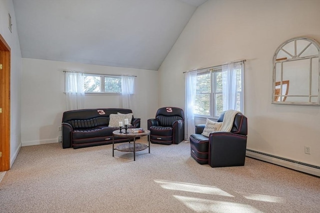 living room featuring high vaulted ceiling, a healthy amount of sunlight, a baseboard radiator, and carpet floors