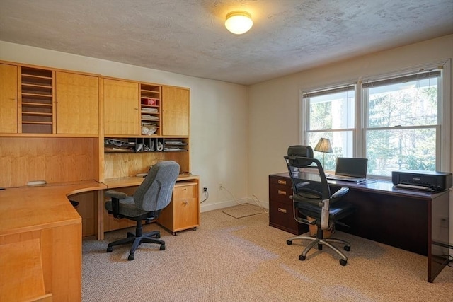 office featuring light colored carpet and a textured ceiling