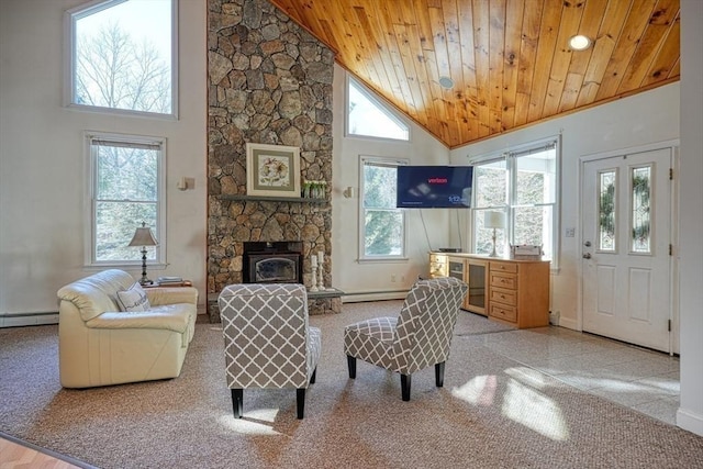 living room featuring a fireplace, wood ceiling, a baseboard radiator, and high vaulted ceiling