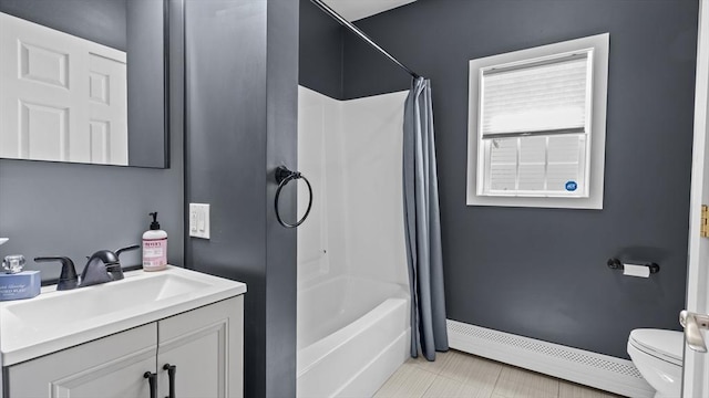 7 Grove St, Fairhaven, MA 02719 - full bath with a baseboard radiator, vanity, shower / tub combo with curtain, and tile patterned floors