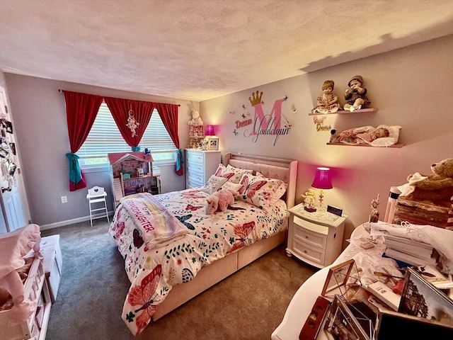 carpeted bedroom featuring a textured ceiling