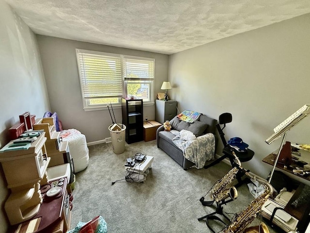 living room with a textured ceiling, carpet flooring, and baseboards