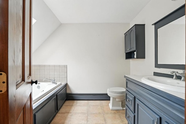 114 Center St, Carver, MA 02330 - bathroom with a baseboard radiator, vanity, a garden tub, vaulted ceiling, and tile patterned flooring