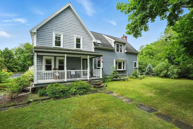 114 Center St, Carver, MA 02330 - back of property featuring a porch, a yard, a chimney, and roof with shingles