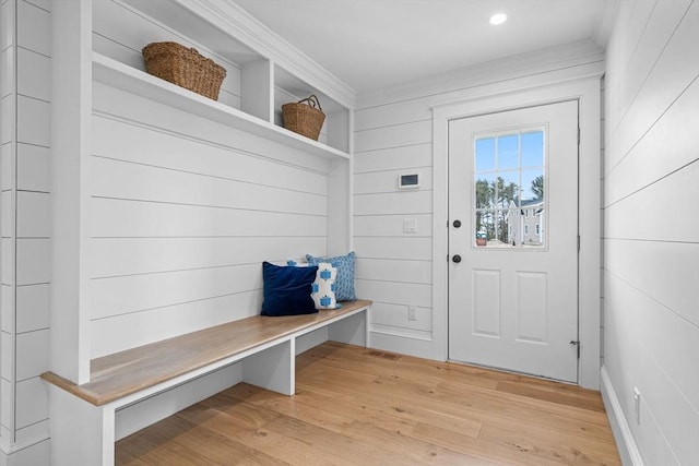 mudroom featuring recessed lighting, light wood-style flooring, and crown molding