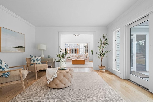 interior space featuring ornamental molding, baseboards, and wood finished floors