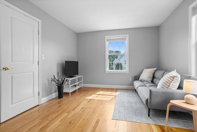 living area with hardwood / wood-style flooring