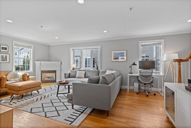 living room with plenty of natural light, light hardwood / wood-style flooring, and crown molding