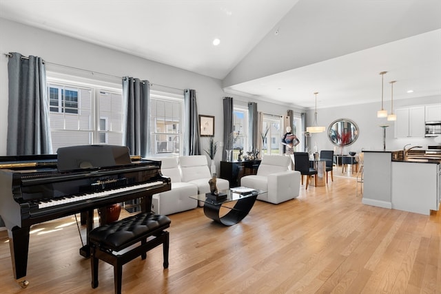 living room with light hardwood / wood-style floors and vaulted ceiling