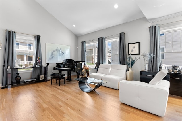 living room featuring light hardwood / wood-style flooring and high vaulted ceiling