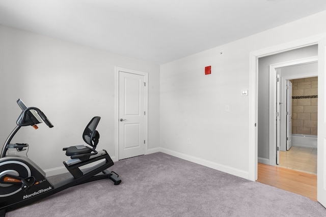 exercise room featuring light colored carpet