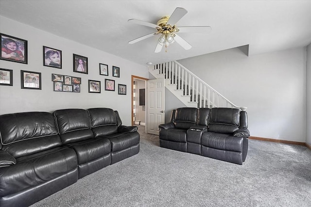 9 Green St, Brookfield, MA 01506 - carpeted living room with a ceiling fan, stairway, and baseboards