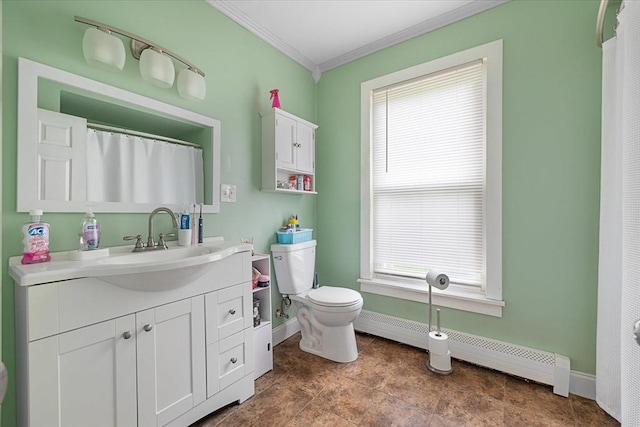 9 Green St, Brookfield, MA 01506 - bathroom featuring a baseboard heating unit, crown molding, vanity, baseboards, and toilet