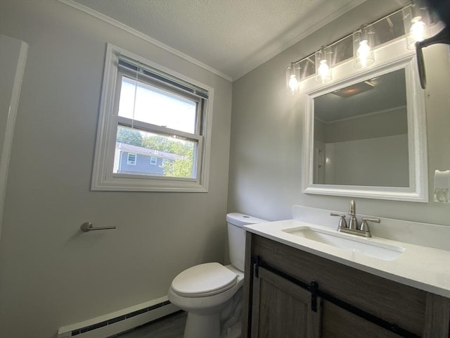 270 Sunderland Rd Unit 11, Worcester, MA 01604 - bathroom with baseboard heating, vanity, toilet, ornamental molding, and a textured ceiling