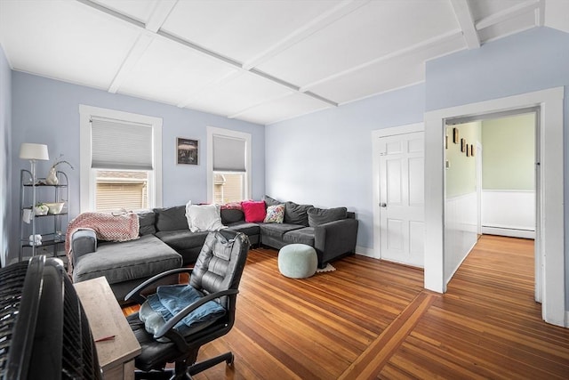 60 Lynnfield St, Lynn, MA 01904 - living room with wood finished floors, coffered ceiling, a baseboard radiator, and beam ceiling