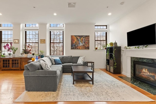 living room with visible vents, ornamental molding, wood finished floors, and a fireplace