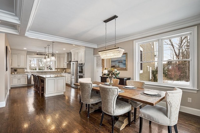 dining space with ornamental molding, dark wood-type flooring, recessed lighting, and baseboards