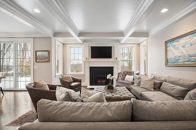 living area featuring a large fireplace, beamed ceiling, and plenty of natural light