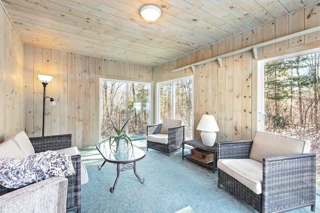 sitting room featuring wooden ceiling, wooden walls, and carpet flooring