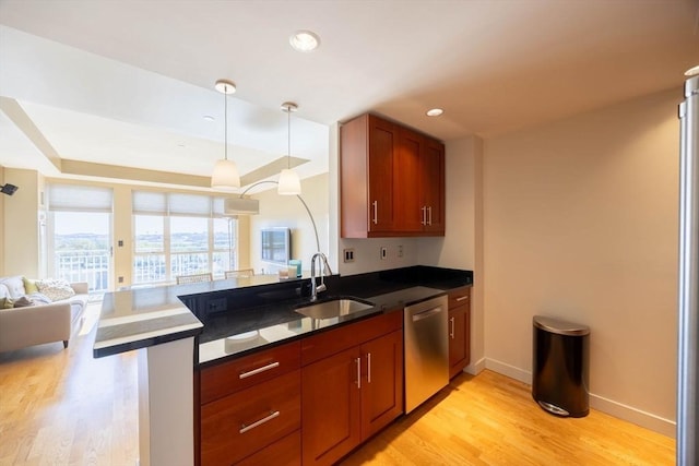 kitchen with a sink, a raised ceiling, light wood finished floors, open floor plan, and stainless steel dishwasher