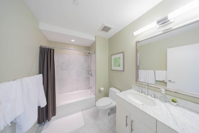 bathroom featuring visible vents, shower / washtub combination, toilet, and vanity