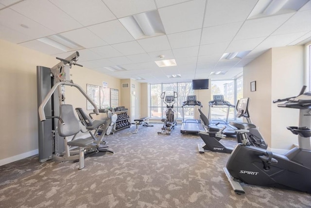 workout area featuring carpet floors, baseboards, and a paneled ceiling