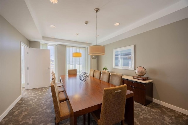 dining room featuring recessed lighting, baseboards, and dark carpet