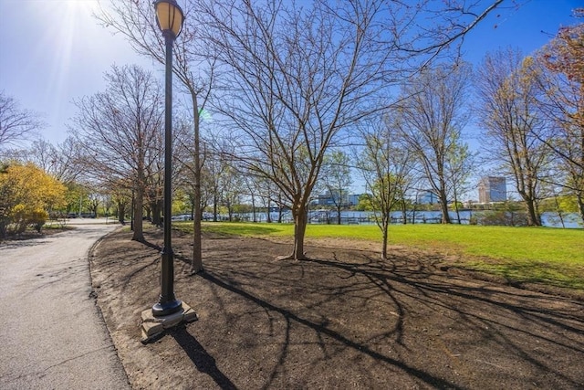view of property's community featuring a water view and a yard