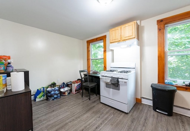 8 Everett St, Somerville, MA 02143 - kitchen with white gas range oven, under cabinet range hood, light wood finished floors, light brown cabinets, and baseboard heating