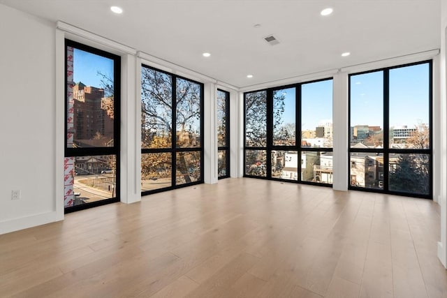 spare room with expansive windows and light wood-type flooring