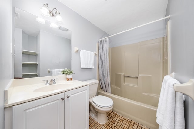 full bathroom featuring toilet, vanity, a chandelier, vaulted ceiling, and shower / bath combination with curtain