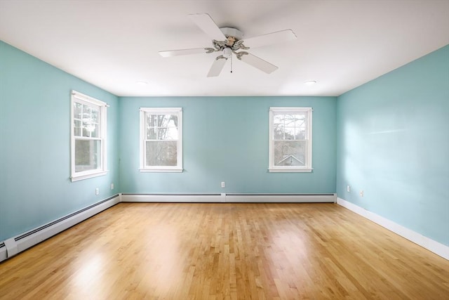 empty room featuring light wood-style floors, a baseboard radiator, a ceiling fan, and baseboards