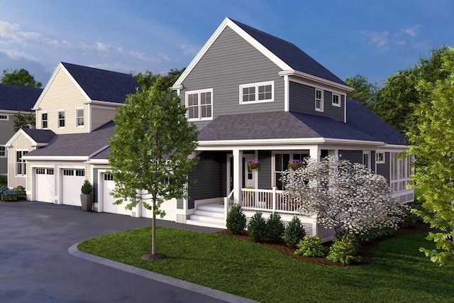 view of front of property with a front lawn, covered porch, and a garage