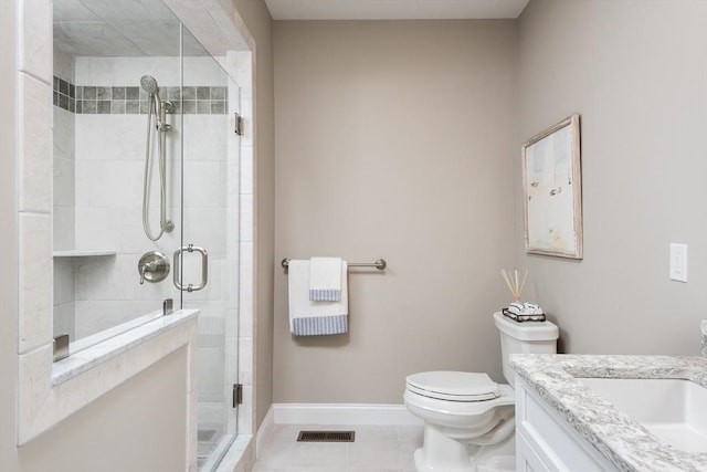 bathroom with tile patterned floors, toilet, vanity, and walk in shower