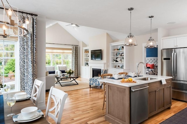 kitchen with a center island with sink, plenty of natural light, light wood-type flooring, and stainless steel appliances