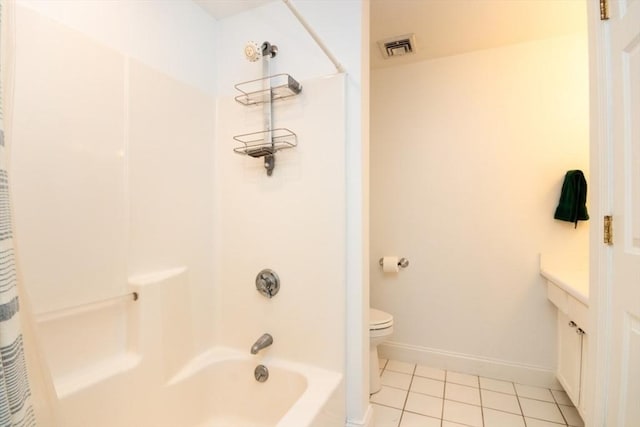 full bathroom with toilet, vanity, shower / bathtub combination with curtain, and tile patterned flooring