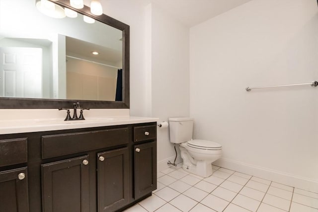 bathroom featuring vanity, tile patterned floors, toilet, and a shower with shower curtain