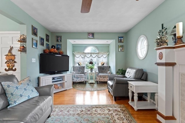 living room featuring ceiling fan, a wealth of natural light, and light hardwood / wood-style floors