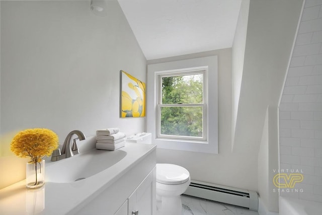 9 Garfield St, Dartmouth, MA 02748 - full bath with baseboard heating, marble look tile flooring, vanity, toilet, and vaulted ceiling