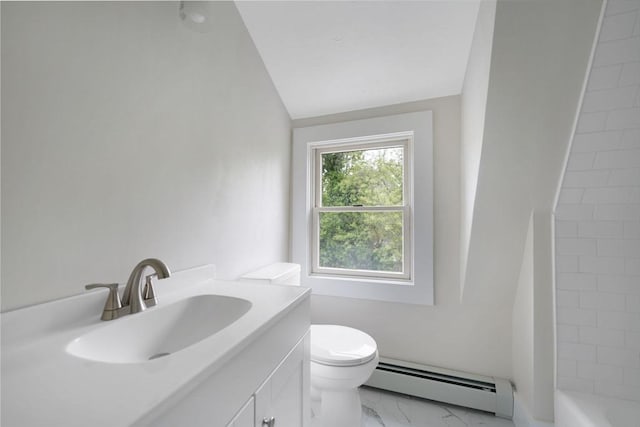 9 Garfield St, Dartmouth, MA 02748 - full bath with a baseboard radiator, marble finish floors, toilet, vanity, and vaulted ceiling