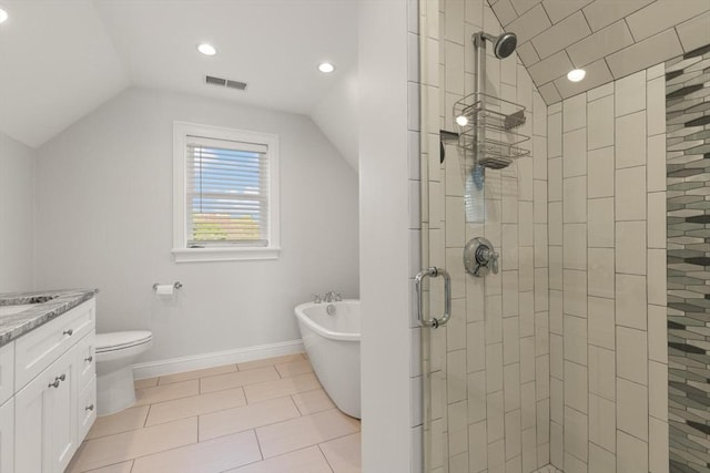 60 Starbird Ave Unit 2, Boston, MA 02131 - full bathroom with a stall shower, vaulted ceiling, a freestanding tub, vanity, and toilet