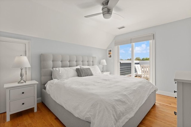 60 Starbird Ave Unit 2, Boston, MA 02131 - bedroom with access to exterior, vaulted ceiling, light wood-style floors, baseboards, and a ceiling fan
