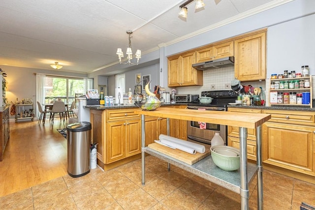 280 Harvard St Unit 1A, Cambridge, MA 02139 - kitchen featuring under cabinet range hood, electric range, a peninsula, a chandelier, and decorative backsplash