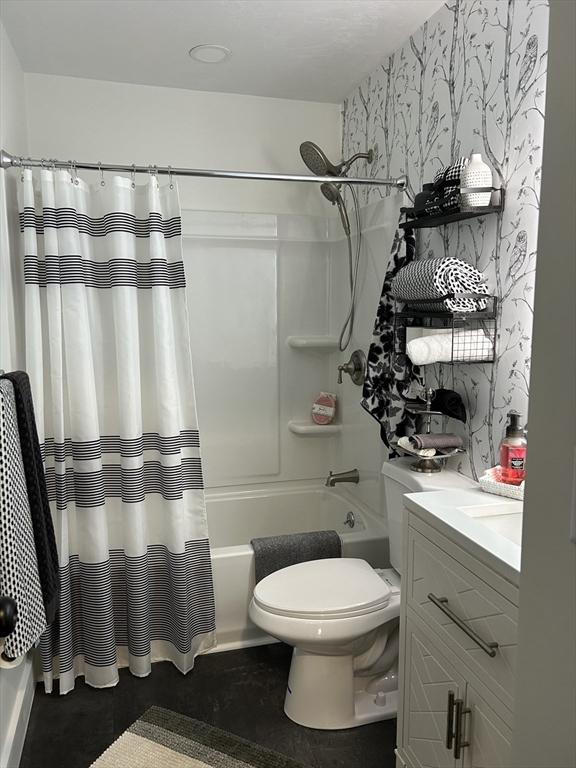 61 Esta Rd, Plymouth, MA 02360 - full bathroom featuring wallpapered walls, shower / bathtub combination with curtain, and vanity