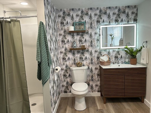 61 Esta Rd, Plymouth, MA 02360 - full bathroom with wood finished floors, vanity, wallpapered walls, and curtained shower