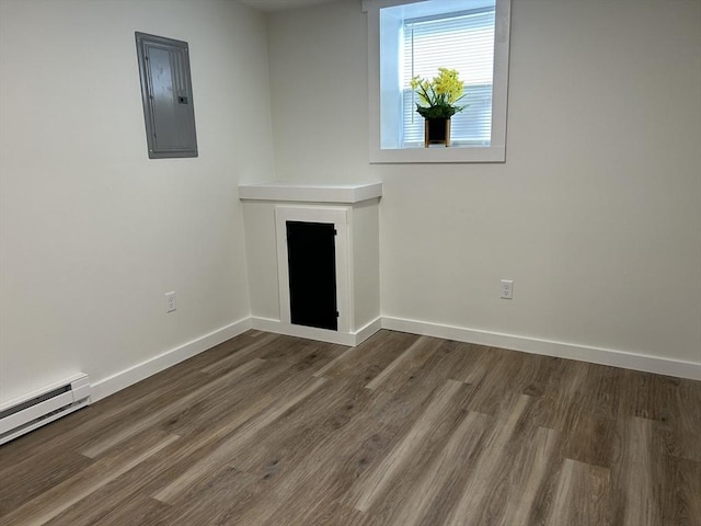 61 Esta Rd, Plymouth, MA 02360 - unfurnished living room with electric panel, a baseboard radiator, and wood finished floors